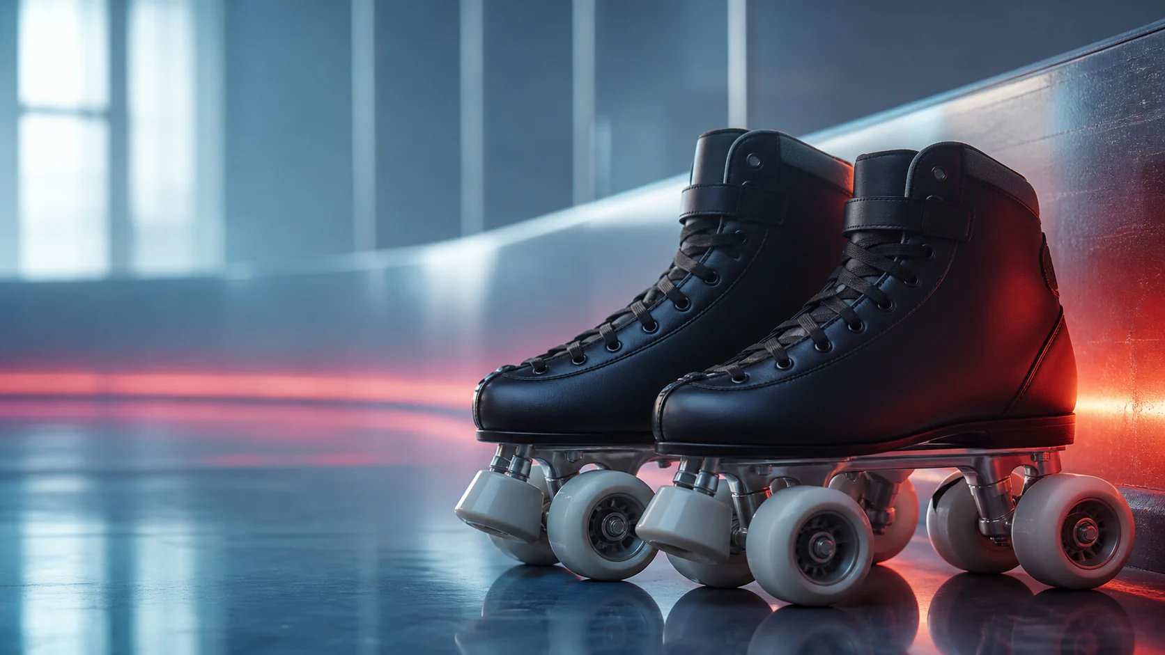 Artistic roller skate in motion on a rink surface